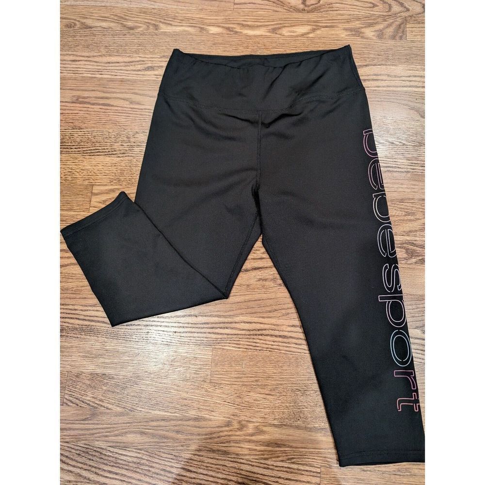 BEBE Sport Logo Rainbow Lites Black Capris Sz 1X Women's Work out High Waist